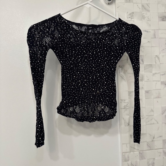 Zara Black Seamless Mesh Rhinestone Top XS - Picture 7 of 7